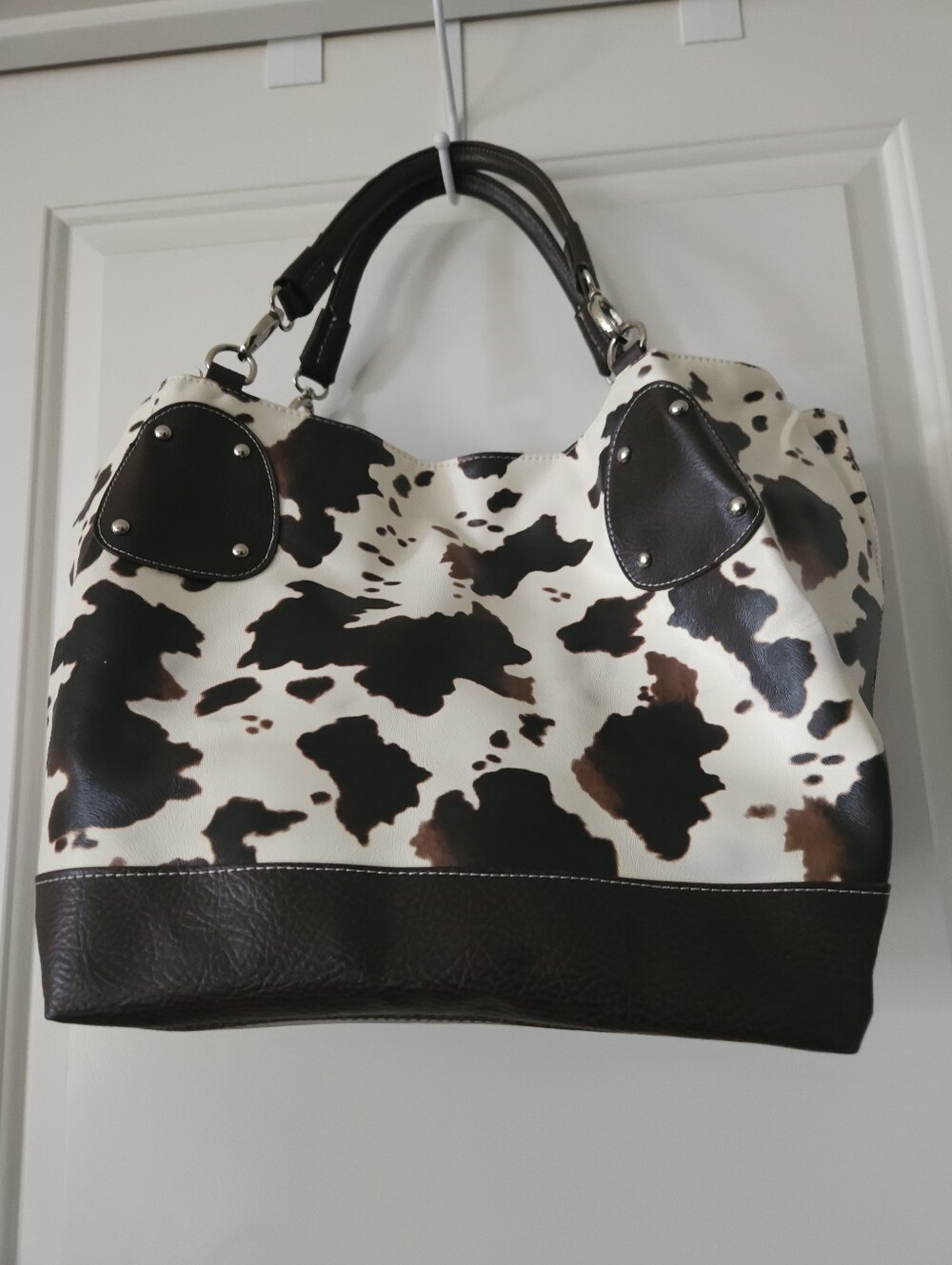 Large Cow Print Faux Leather Tote Bag in White and Brown